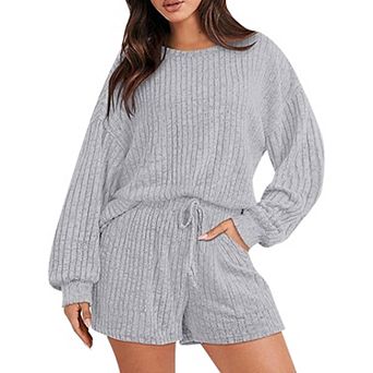 Women's Clothing Set Loose Sportswear Striped Crew Neck Long Sleeve Top Shorts Home Wear Suit
