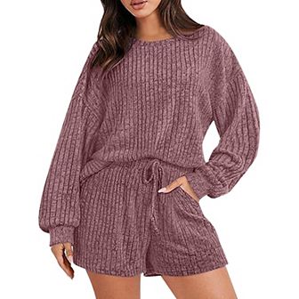 Women's Clothing Set Loose Sportswear Striped Crew Neck Long Sleeve Top Shorts Home Wear Suit