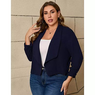 Women Plus Size Casual Blazer Open Front 3/4 Gathered Sleeve Work Office Business Cardigan Jackets