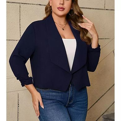 Women Plus Size Casual Blazer Open Front 3/4 Gathered Sleeve Work Office Business Cardigan Jackets