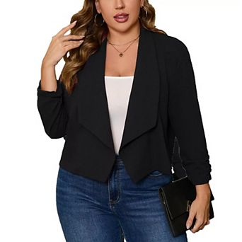 Women Plus Size Casual Blazer Open Front 3/4 Gathered Sleeve Work Office Business Cardigan Jackets