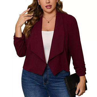 Women Plus Size Casual Blazer Open Front 3/4 Gathered Sleeve Work Office Business Cardigan Jackets