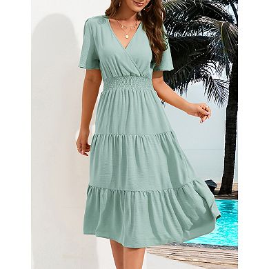 Women's Wrap V Neck Midi Dress Long Sleeve Smocked Waist Tiered A Line Pleated Flowy Long Dress