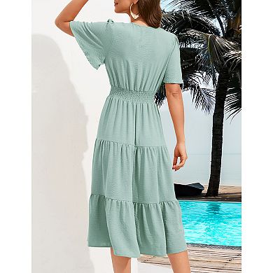 Women's Wrap V Neck Midi Dress Long Sleeve Smocked Waist Tiered A Line Pleated Flowy Long Dress