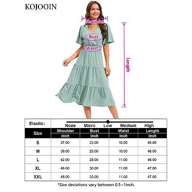 Women's Wrap V Neck Midi Dress Long Sleeve Smocked Waist Tiered A Line Pleated Flowy Long Dress