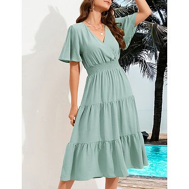 Women's Wrap V Neck Midi Dress Long Sleeve Smocked Waist Tiered A Line Pleated Flowy Long Dress