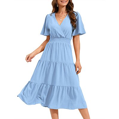 Women's Wrap V Neck Midi Dress Long Sleeve Smocked Waist Tiered A Line  Pleated Flowy Long Dress