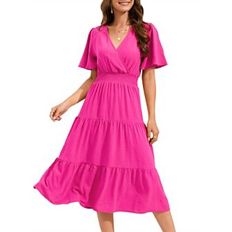 Women's Wrap V Neck Midi Dress Long Sleeve Smocked Waist Tiered A Line Pleated Flowy Long Dress
