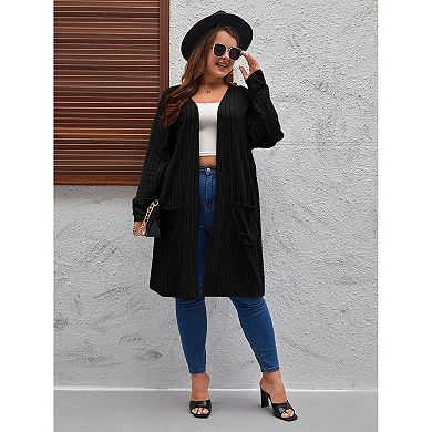 Women's Long Cardigans Plus Size Tops Open Front Sweaters with Pockets Ribbed Sleeve Loose Outwear