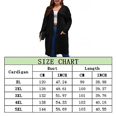 Women's Long Cardigans Plus Size Tops Open Front Sweaters with Pockets Ribbed Sleeve Loose Outwear