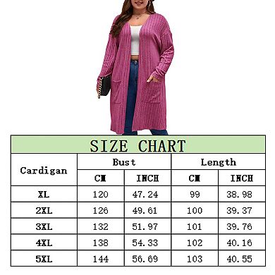 Women's Long Cardigans Plus Size Tops Open Front Sweaters with Pockets Ribbed Sleeve Loose Outwear
