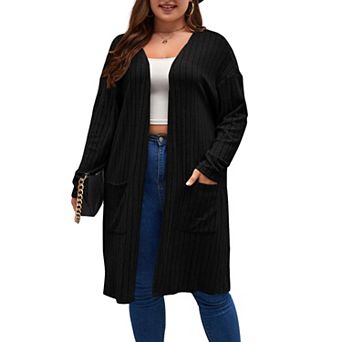 Women's Long Cardigans Plus Size Tops Open Front Sweaters with Pockets Ribbed Sleeve Loose Outwear