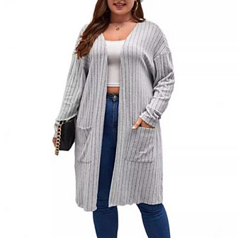 Women's Long Cardigans Plus Size Tops Open Front Sweaters with Pockets Ribbed Sleeve Loose Outwear