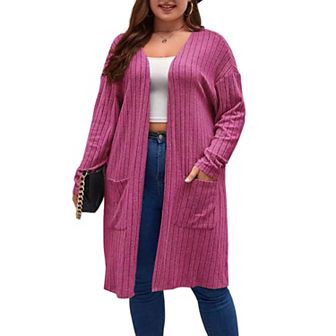Women's Long Cardigans Plus Size Tops Open Front Sweaters with Pockets Ribbed Sleeve Loose Outwear