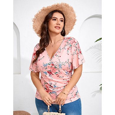 Women Plus Size Blouse V Neck Floral Top Short Sleeve Elegant Criss Collar Shirt