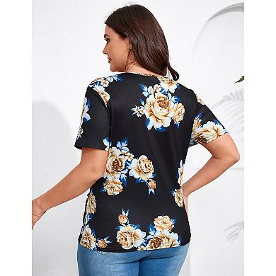 Women Plus Size Blouse V Neck Floral Top Short Sleeve Elegant Criss Collar Shirt