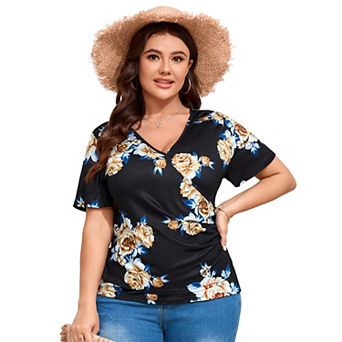 Women Plus Size Blouse V Neck Floral Top Short Sleeve Elegant Criss Collar Shirt
