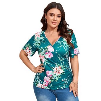 Women Plus Size Blouse V Neck Floral Top Short Sleeve Elegant Criss Collar Shirt