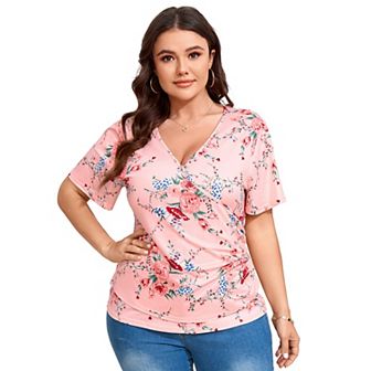 Women Plus Size Blouse V Neck Floral Top Short Sleeve Elegant Criss Collar Shirt
