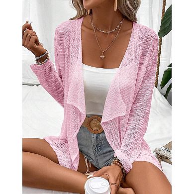 Womens Lightweight Crochet Cardigan Sweater Rib Knit Open Front Sweater Coats