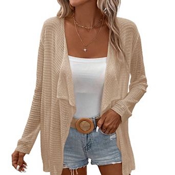 Womens Lightweight Crochet Cardigan Sweater Rib Knit Open Front Sweater Coats