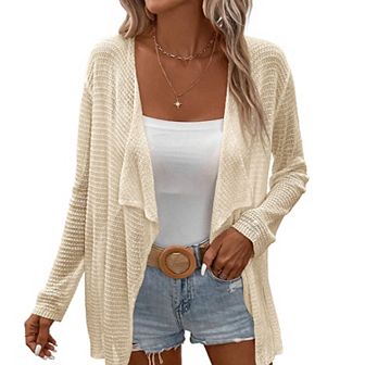 Womens Lightweight Crochet Cardigan Sweater Rib Knit Open Front Sweater Coats
