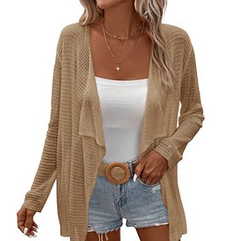 Womens Lightweight Crochet Cardigan Sweater Rib Knit Open Front Sweater Coats