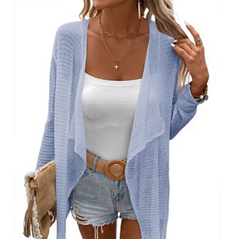 Womens Lightweight Crochet Cardigan Sweater Rib Knit Open Front Sweater Coats