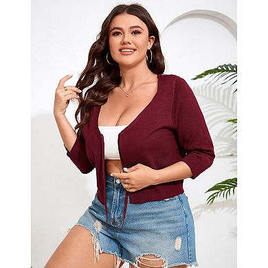 Women's Tie Front 3/4 Sleeve Rib Knit Bolero Open Front Cardigan Sweaters Shrug