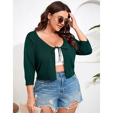 Women's Tie Front 3/4 Sleeve Rib Knit Bolero Open Front Cardigan Sweaters Shrug