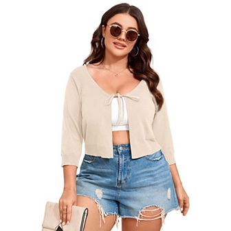 Women's Tie Front 3/4 Sleeve Rib Knit Bolero Open Front Cardigan Sweaters Shrug