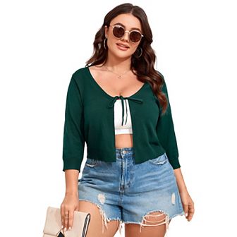 Women's Tie Front 3/4 Sleeve Rib Knit Bolero Open Front Cardigan Sweaters Shrug