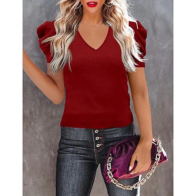 Women's Short Sleeve Knit Pullover Sweaters V Neck Ribbed Solid Soft Slim Fit Sweater Blouse Tops