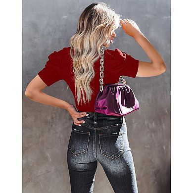 Women's Short Sleeve Knit Pullover Sweaters V Neck Ribbed Solid Soft Slim Fit Sweater Blouse Tops
