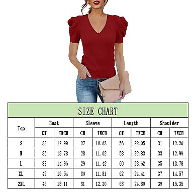 Women's Short Sleeve Knit Pullover Sweaters V Neck Ribbed Solid Soft Slim Fit Sweater Blouse Tops
