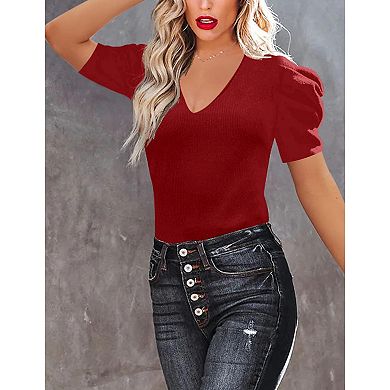 Women's Short Sleeve Knit Pullover Sweaters V Neck Ribbed Solid Soft Slim Fit Sweater Blouse Tops
