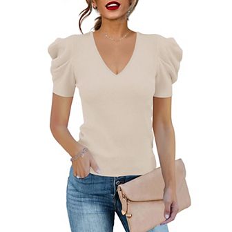 Women's Short Sleeve Knit Pullover Sweaters V Neck Ribbed Solid Soft Slim Fit Sweater Blouse Tops