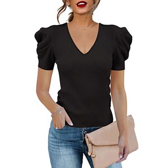 Women's Short Sleeve Knit Pullover Sweaters V Neck Ribbed Solid Soft Slim Fit Sweater Blouse Tops