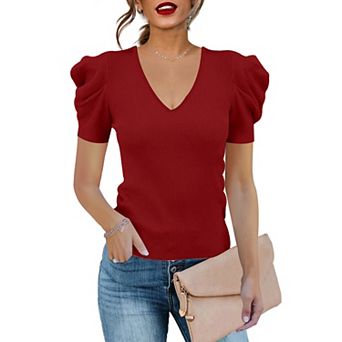 Women's Short Sleeve Knit Pullover Sweaters V Neck Ribbed Solid Soft Slim Fit Sweater Blouse Tops