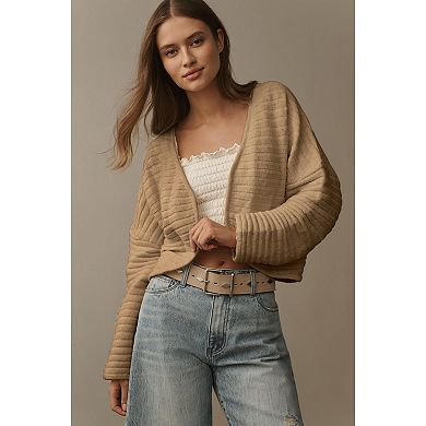 Womens Cropped Open Front Strip Rib Textured Cardigan with Curved Hem Trendy Sweater Knit Shrugs