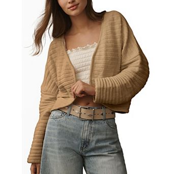 Womens Cropped Open Front Strip Rib Textured Cardigan with Curved Hem Trendy Sweater Knit Shrugs