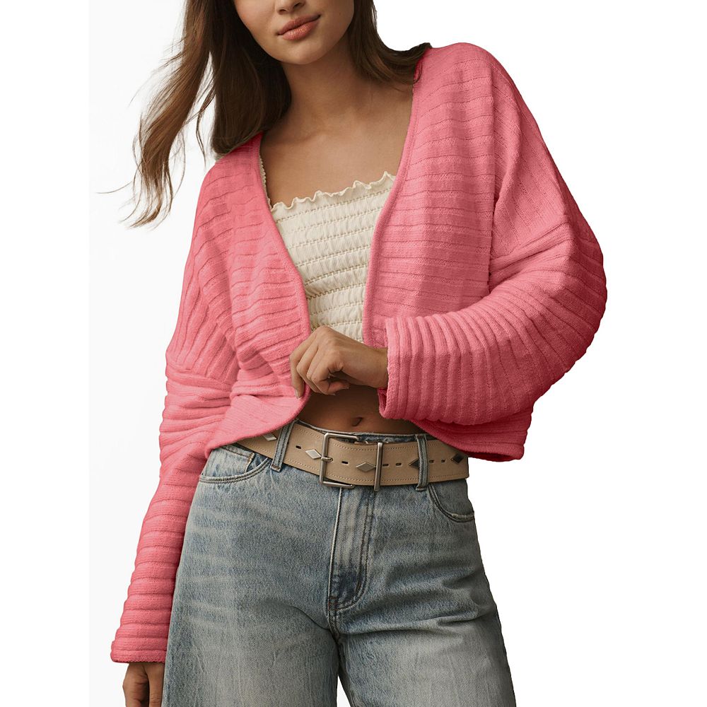 Womens Cropped Open Front Strip Rib Textured Cardigan with Curved