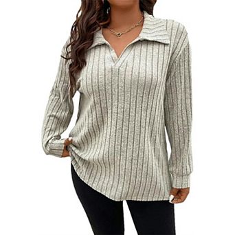 Womens Plus Size Knit V Neck Sweaters Long Sleeve Tunic Tops Shirts Casual Sweatshirt Trendy