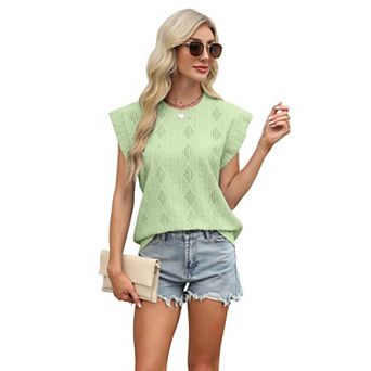 Women's Short Sleeve Knit Vest Tops Hollow Out Round Neck Sweater Tank Tops