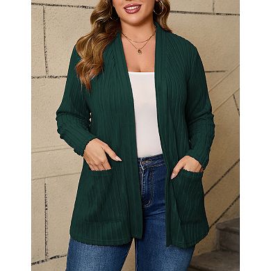 Womens Plus Size Open Front Cardigan Long Sleeve Sweaters Tops Fall Coat Outerwear with Pockets