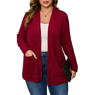 Womens Plus Size Open Front Cardigan Long Sleeve Sweaters Tops Fall Coat Outerwear with Pockets