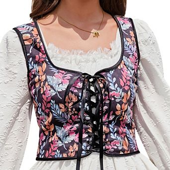 Women's Vintage Floral Corset Lace-Up Fishbone Print Vest Renaissance pirate costume