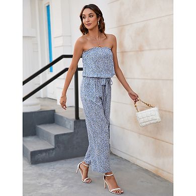 Women's Off Shoulder Jumpsuits Elastic Waist Floral Print Romper with Pockets