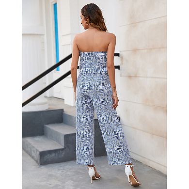 Women's Off Shoulder Jumpsuits Elastic Waist Floral Print Romper with Pockets