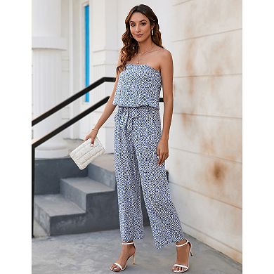 Women's Off Shoulder Jumpsuits Elastic Waist Floral Print Romper with Pockets